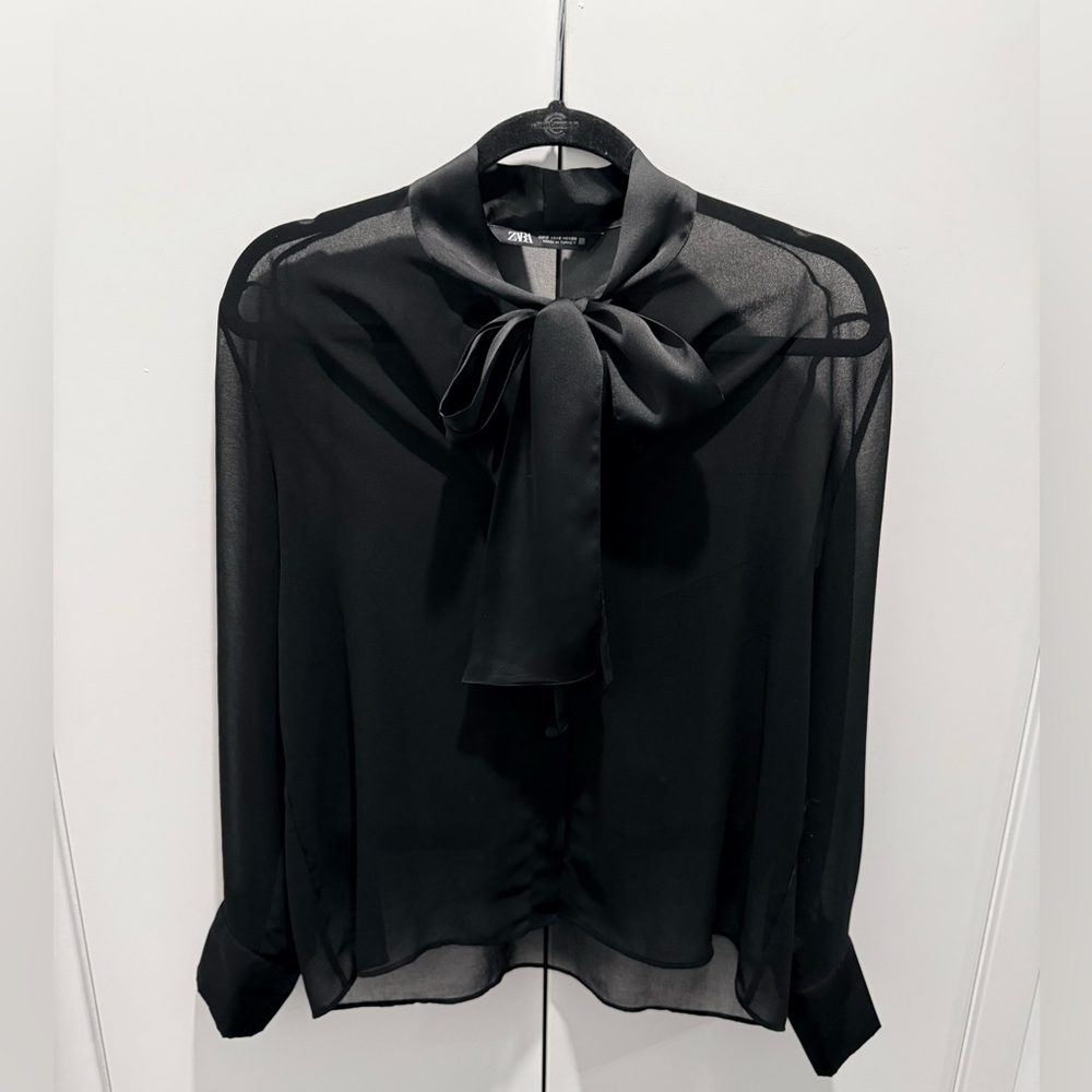 Zara Black Sheer Bow-Neck Blouse